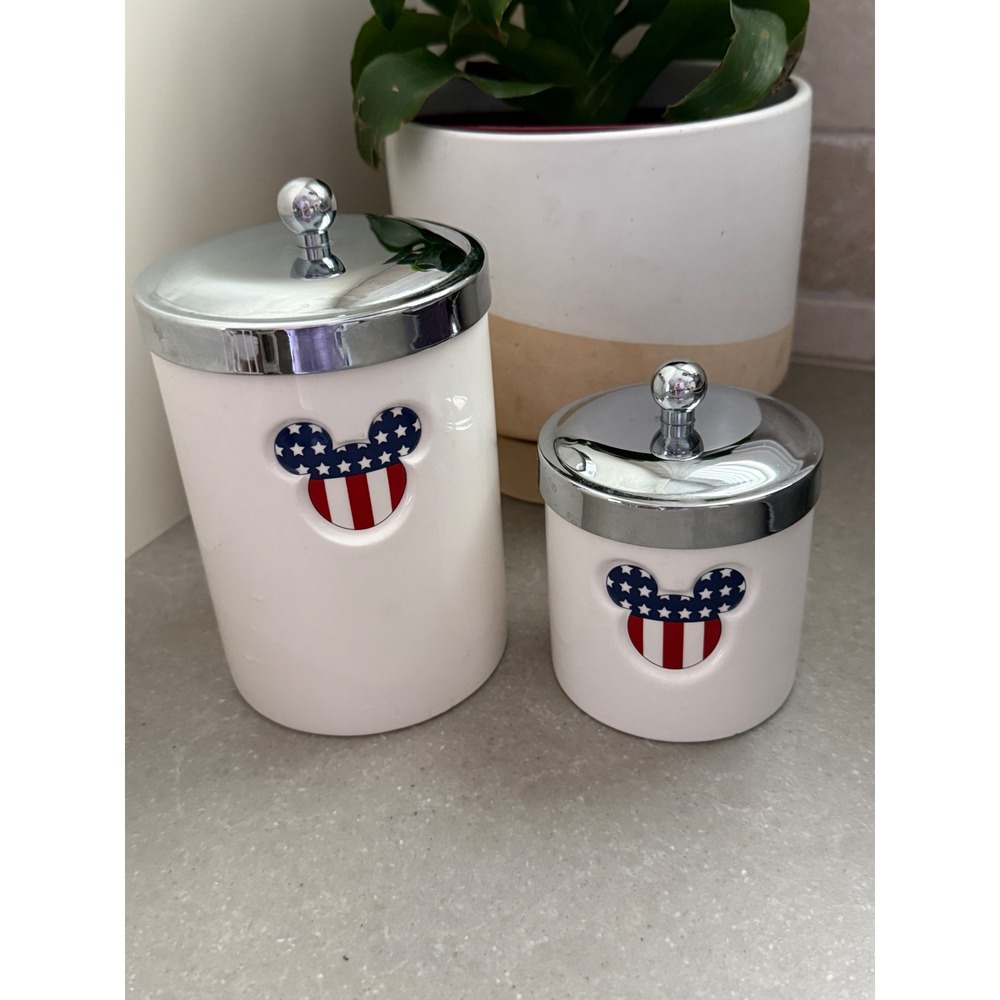 Disney Direct Patriotic Mickey Mouse Ceramic Canister Set 2pc White Silver 43801